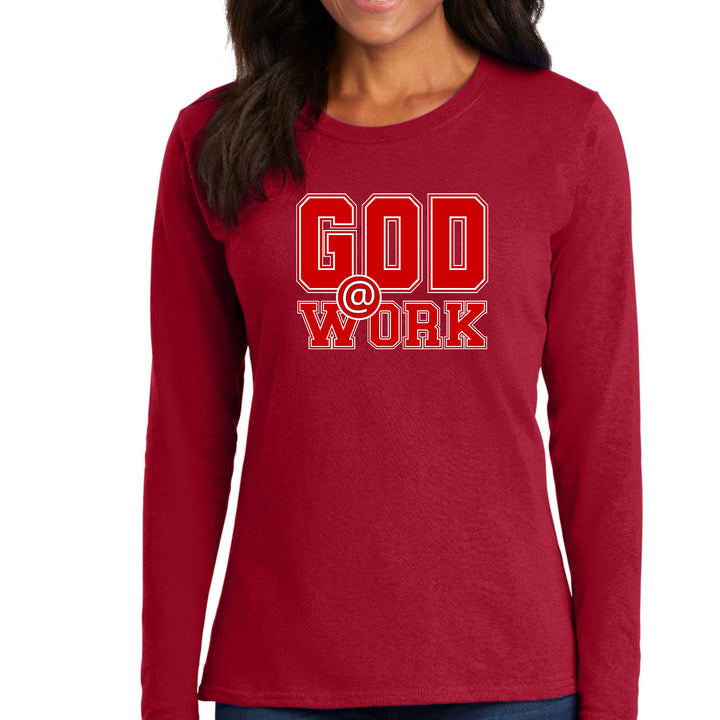 Womens Long Sleeve Graphic T-shirt - God @ Work Red and White Print - Womens