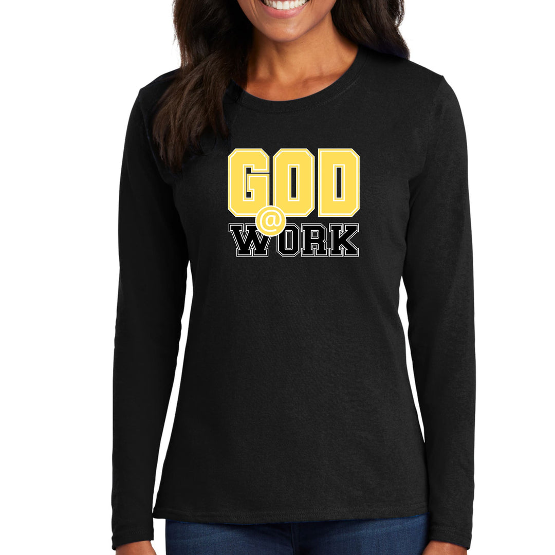 Womens Long Sleeve Graphic T-shirt - God @ Work Yellow and Black Print - Womens