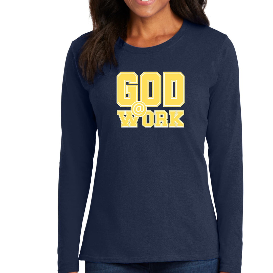 Womens Long Sleeve Graphic T-shirt - God @ Work Yellow and White Print - Womens