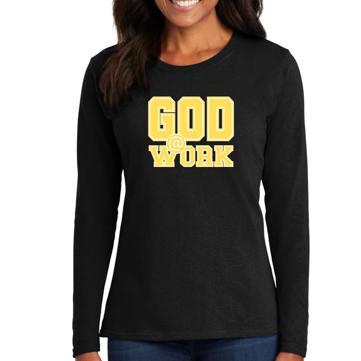 Womens Long Sleeve Graphic T-shirt - God @ Work Yellow and White Print - Womens