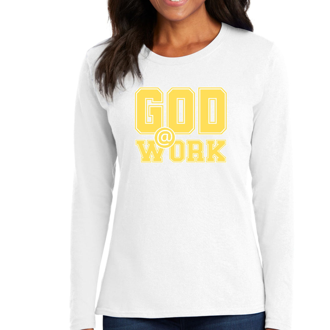 Womens Long Sleeve Graphic T-shirt God @ Work Yellow and White Print - Womens