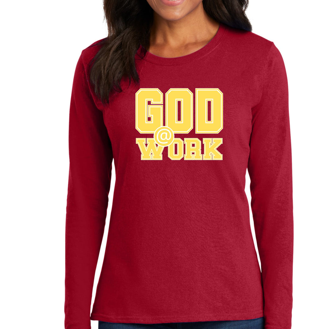 Womens Long Sleeve Graphic T-shirt - God @ Work Yellow and White Print - Womens