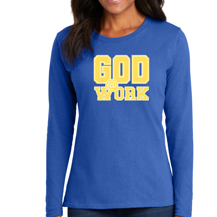 Womens Long Sleeve Graphic T-shirt - God @ Work Yellow and White Print - Womens