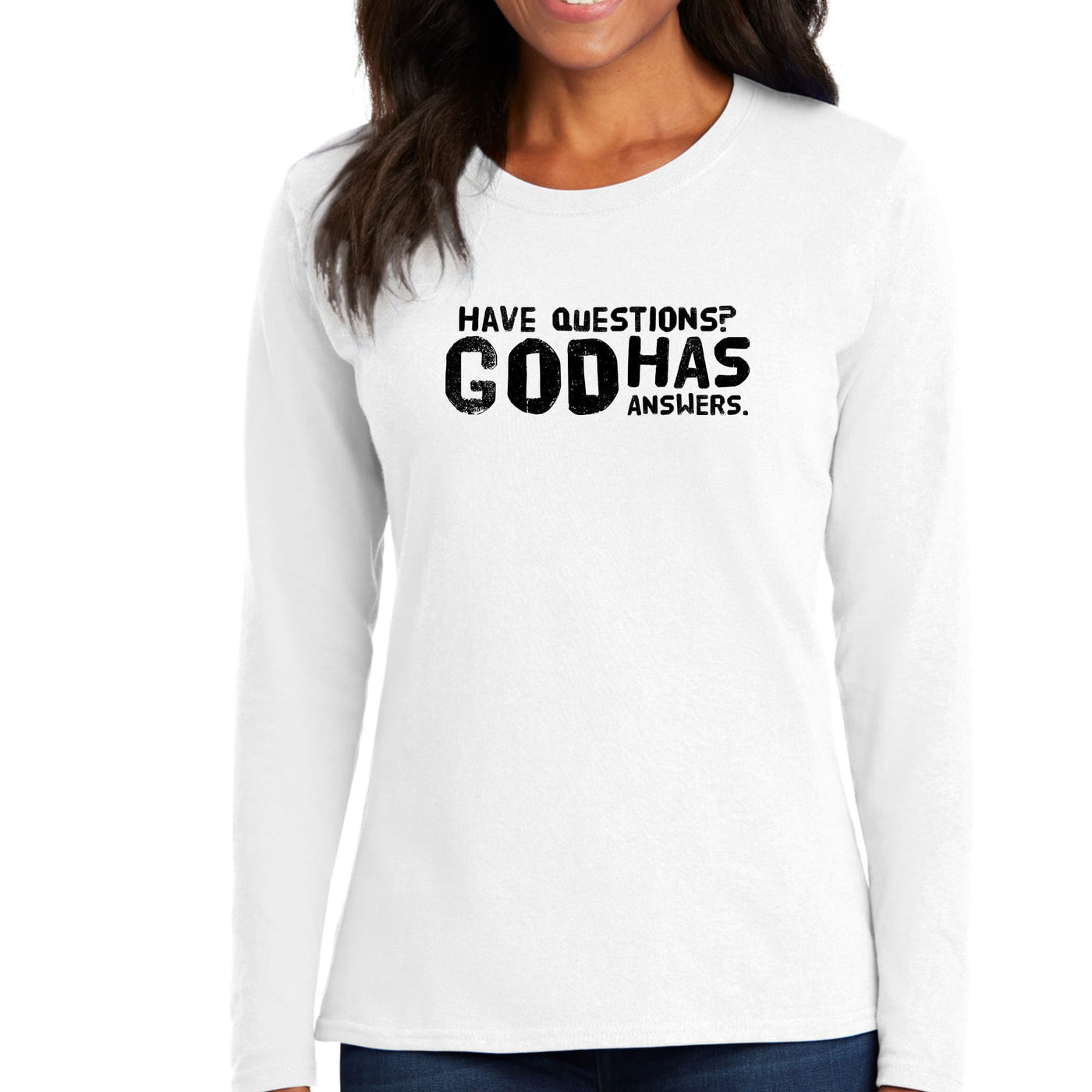 Womens Long Sleeve Graphic T-shirt Have Questions God Has Answers - Womens