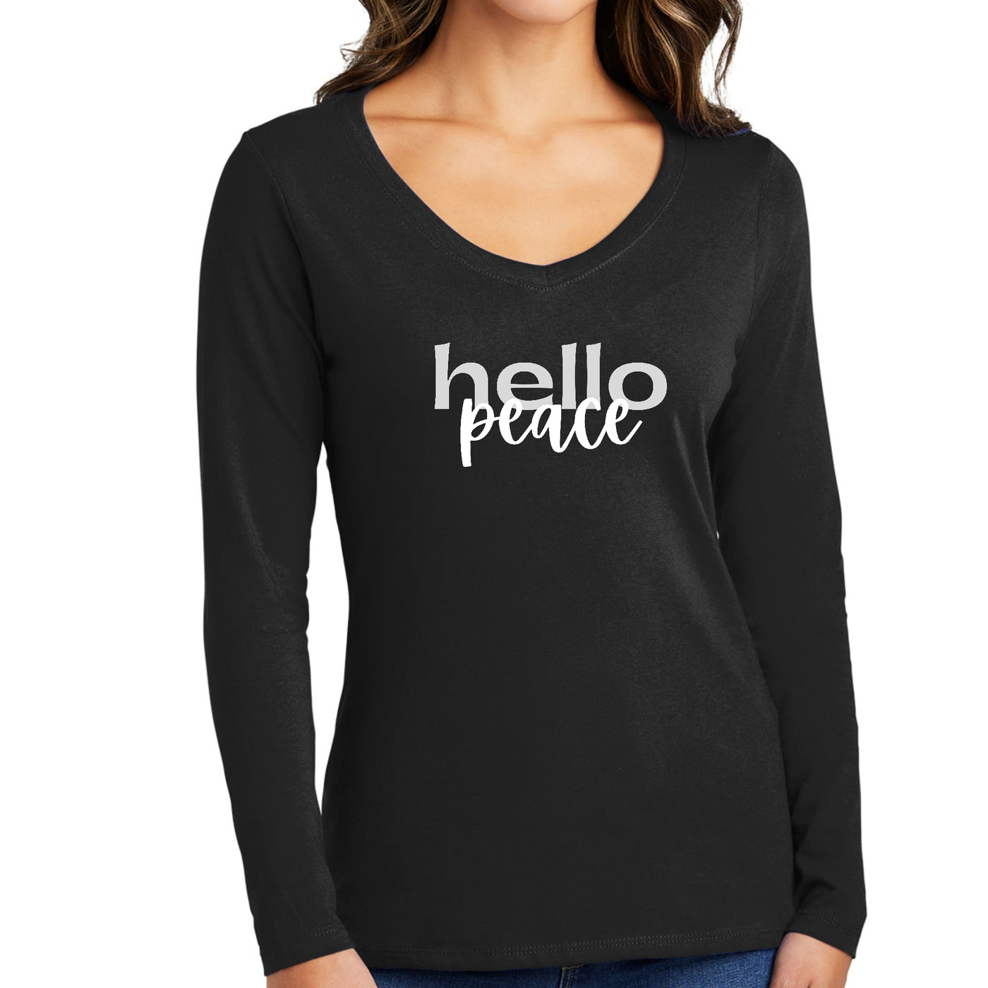 Womens Long Sleeve Graphic T - shirt Hello Peace Motivational Peaceful - Womens