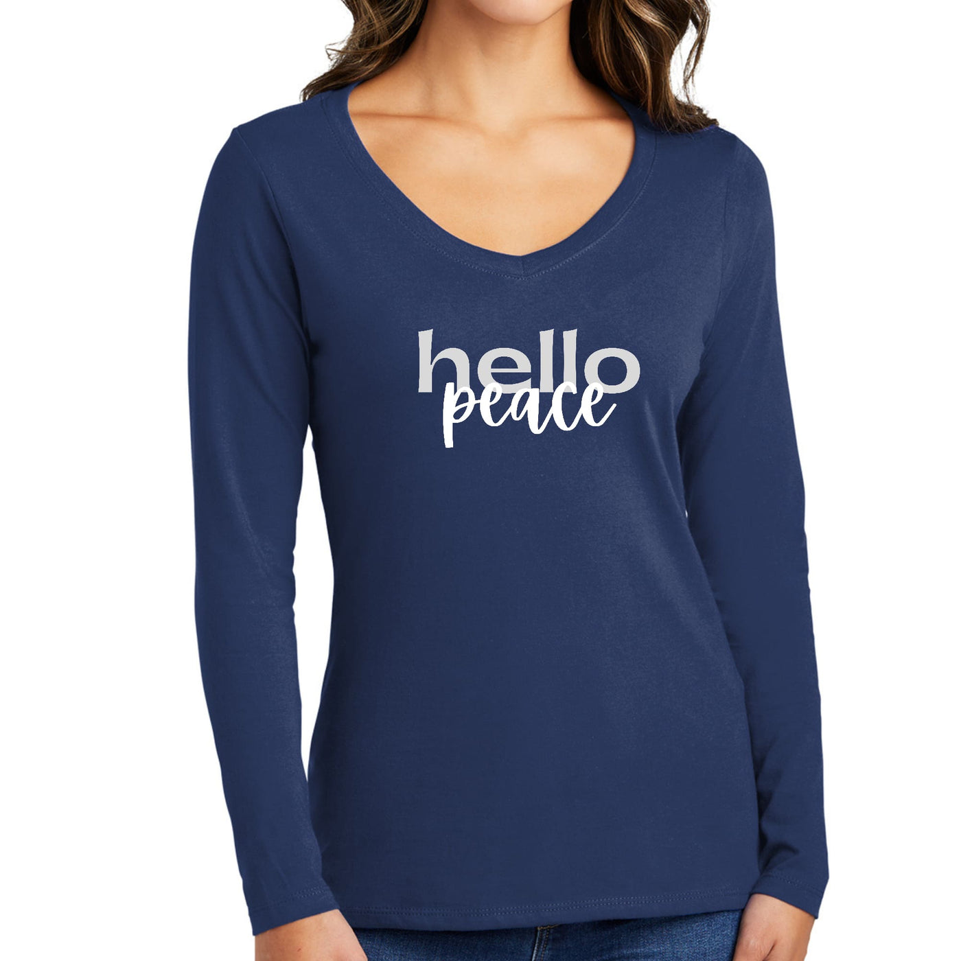 Womens Long Sleeve Graphic T - shirt Hello Peace Motivational Peaceful - Womens