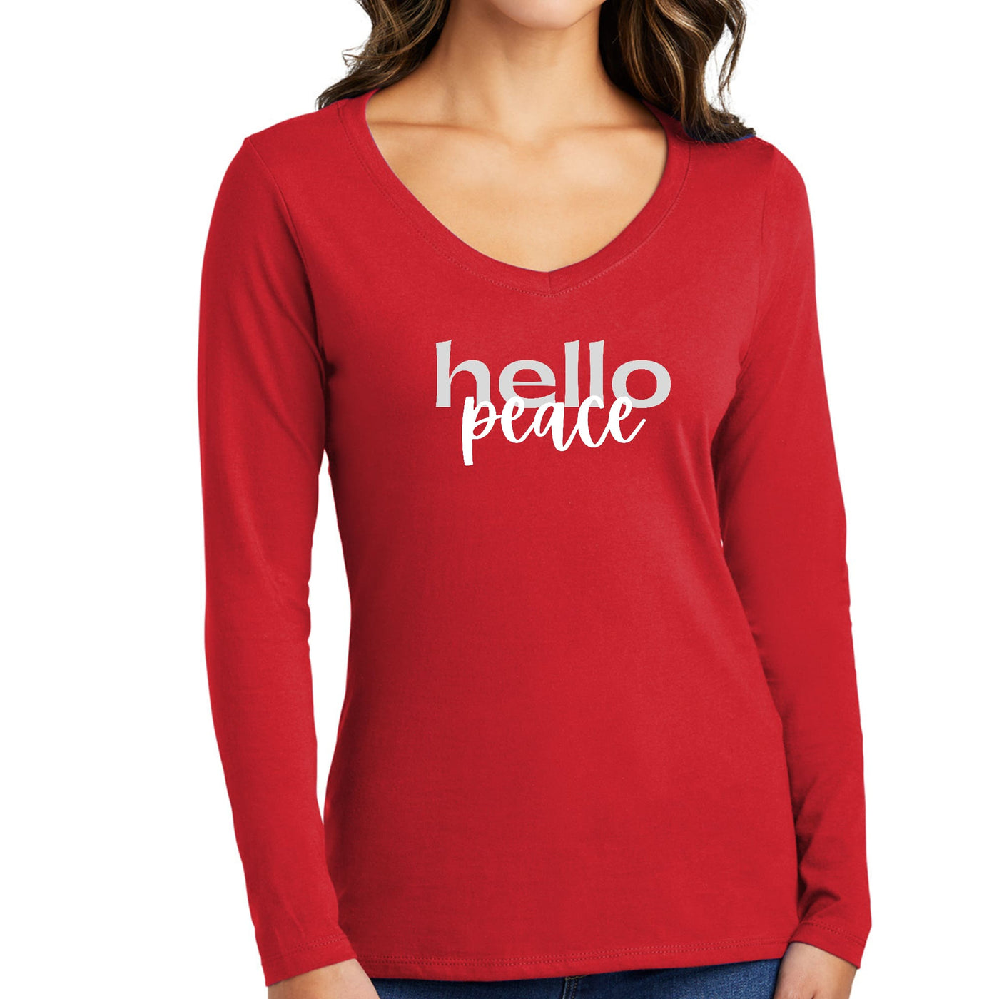Womens Long Sleeve Graphic T - shirt Hello Peace Motivational Peaceful - T