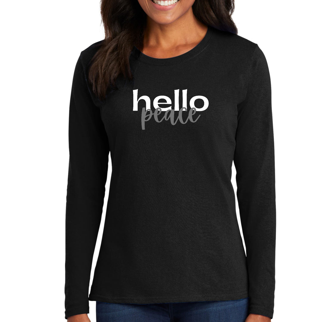 Womens Long Sleeve Graphic T-shirt - Hello Peace White and Gray - Womens