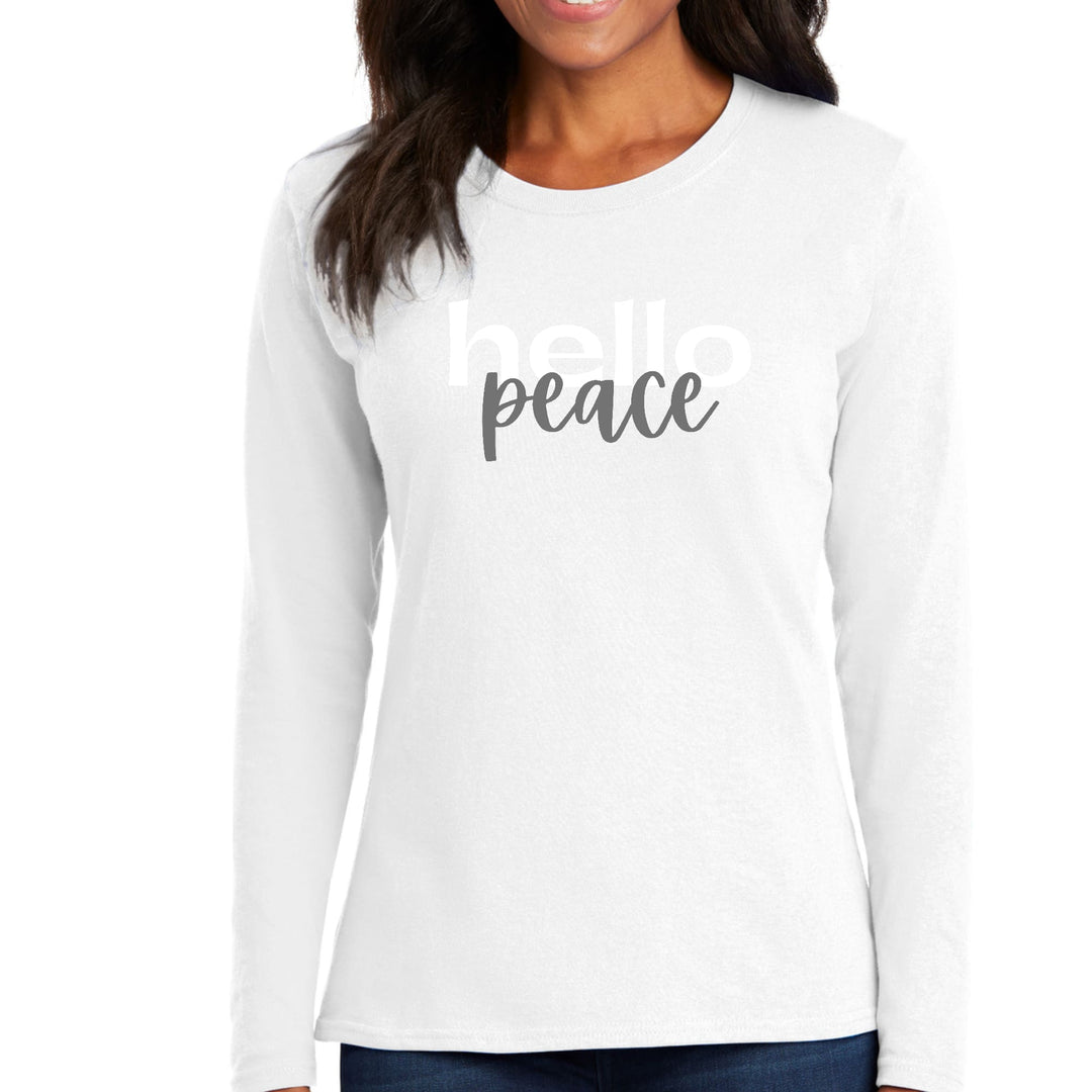 Womens Long Sleeve Graphic T-shirt Hello Peace White And Gray - Womens