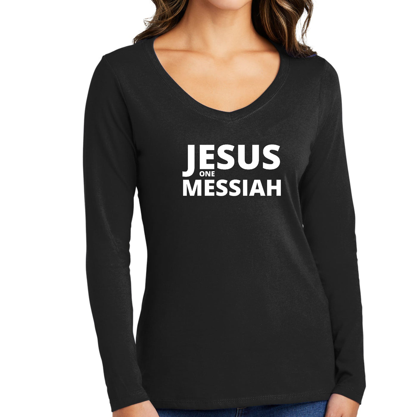 Womens Long Sleeve Graphic T - shirt Jesus One Messiah - T - Shirts Sleeves