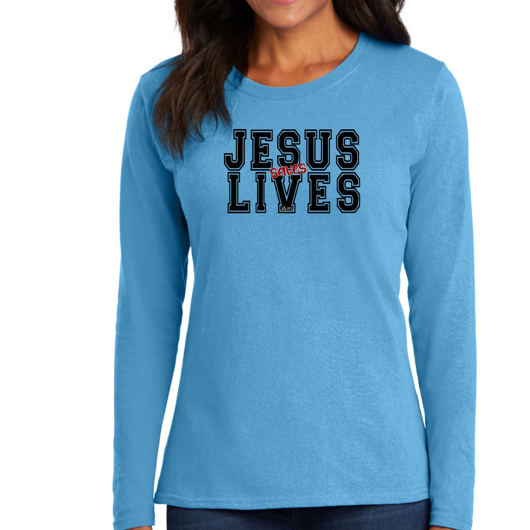 Womens Long Sleeve Graphic T-shirt - Jesus Saves Lives Black Red - Womens