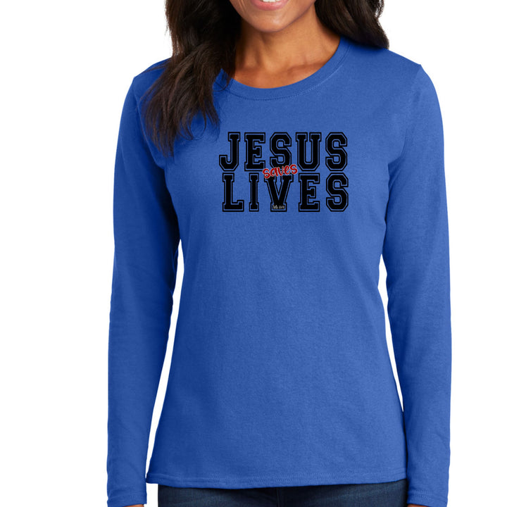 Womens Long Sleeve Graphic T-shirt Jesus Saves Lives Black Red - Womens