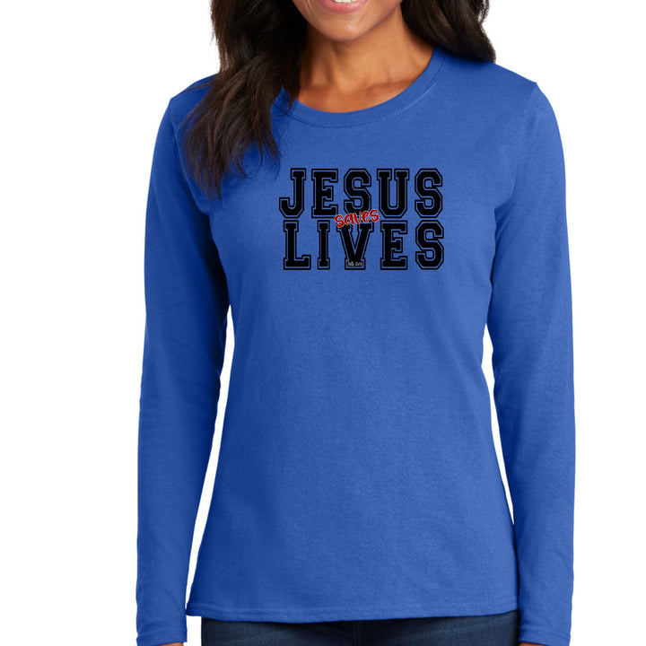 Womens Long Sleeve Graphic T-shirt - Jesus Saves Lives Black Red - Womens