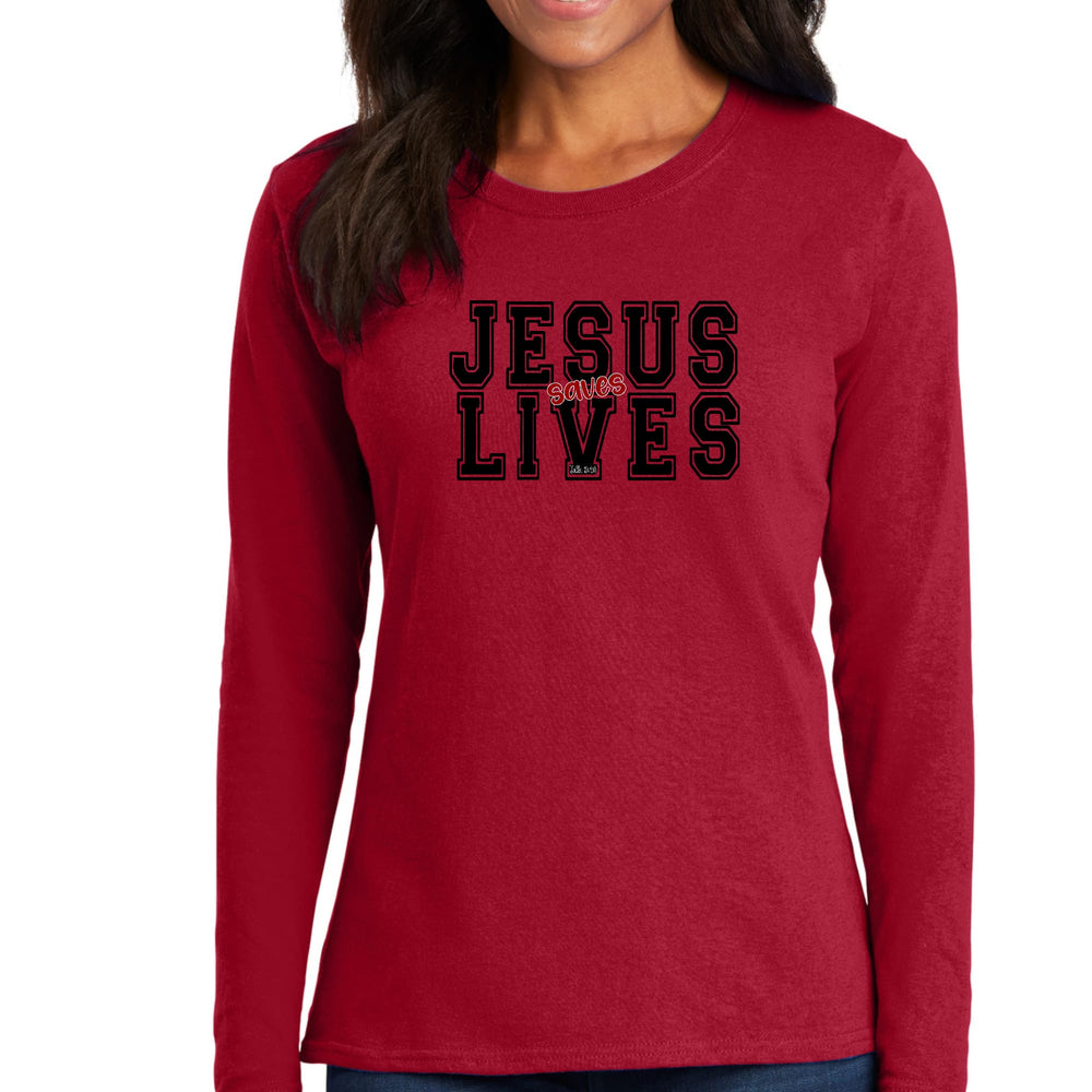Womens Long Sleeve Graphic T-shirt Jesus Saves Lives Black Red - Womens