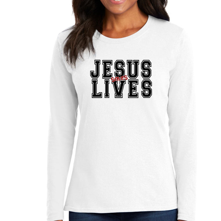 Womens Long Sleeve Graphic T-shirt - Jesus Saves Lives Black Red - Womens