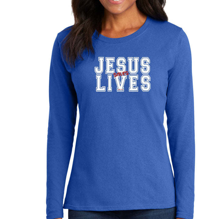 Womens Long Sleeve Graphic T-shirt Jesus Saves Lives White Red - Womens