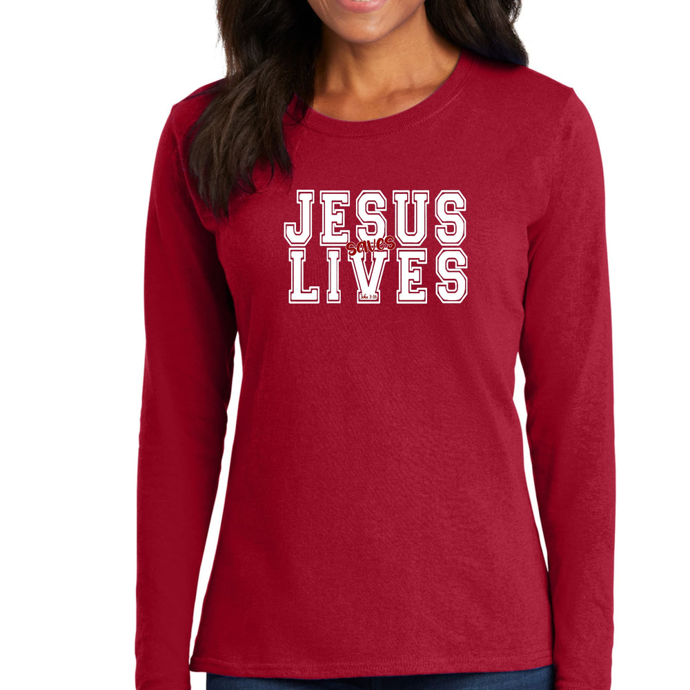 Womens Long Sleeve Graphic T-shirt Jesus Saves Lives White Red - Womens