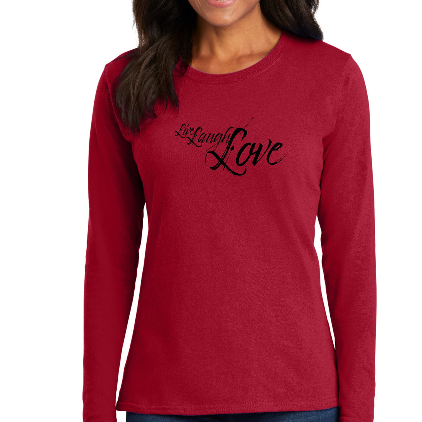 Womens Long Sleeve Graphic T-shirt Live Laugh Love Black Illustration - Womens