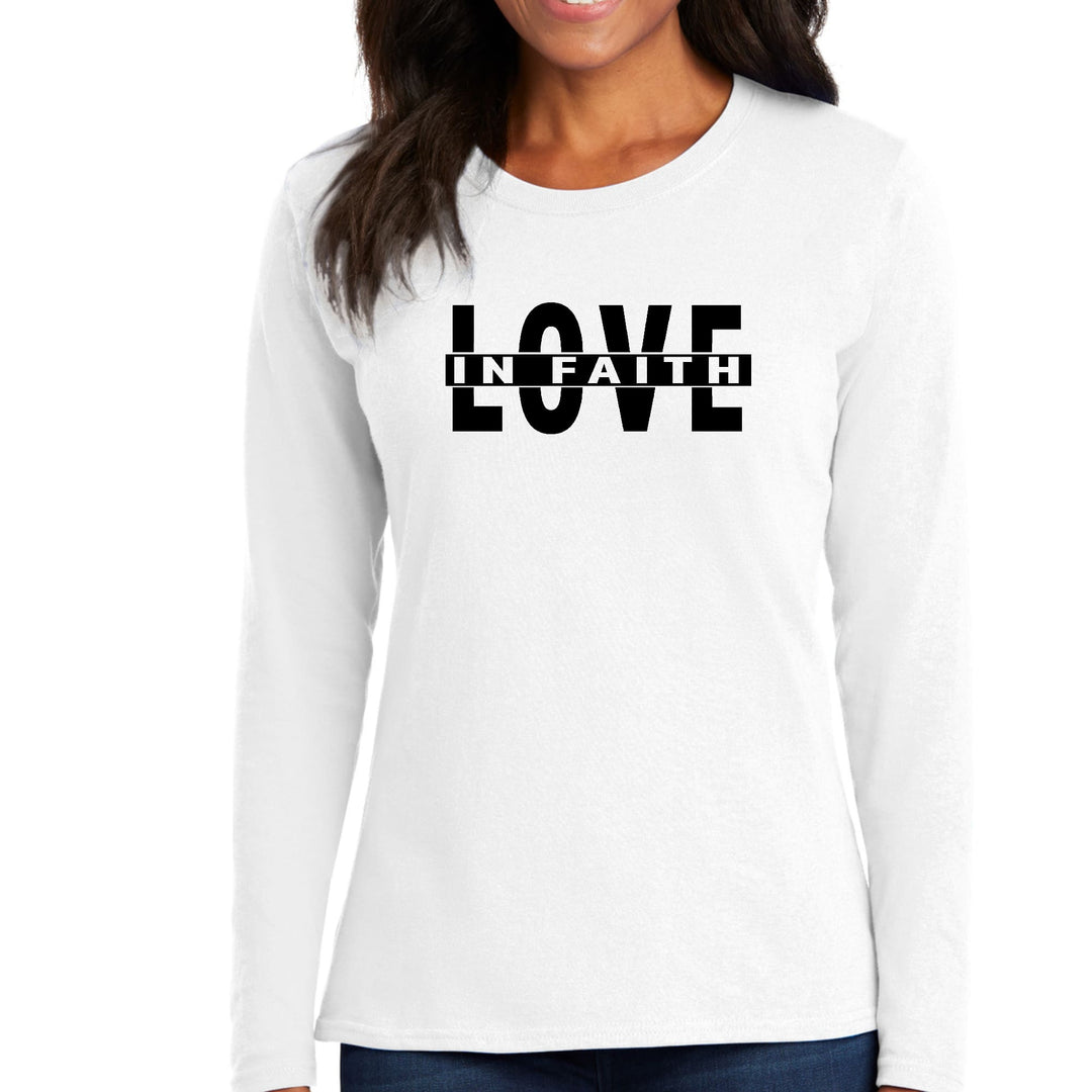 Womens Long Sleeve Graphic T-shirt Love in Faith Black Illustration - Womens