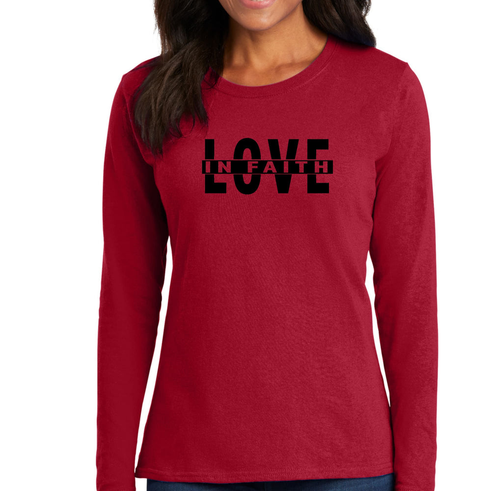 Womens Long Sleeve Graphic T-shirt Love in Faith Black Illustration - Womens