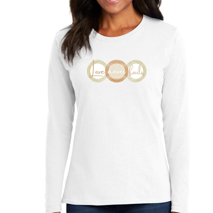 Womens Long Sleeve Graphic T-shirt Love Never Fails Pastel Brown - Womens