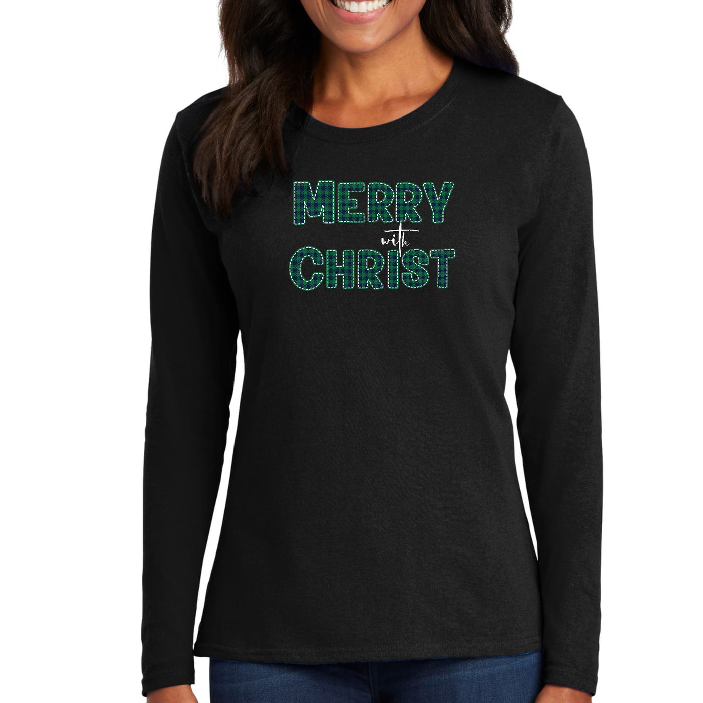 Womens Long Sleeve Graphic T - shirt Merry With Christ Green Plaid - T - Shirts