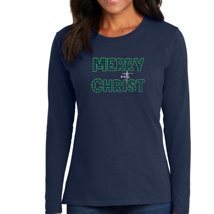 Womens Long Sleeve Graphic T-shirt - Merry with Christ - Green Plaid - Womens