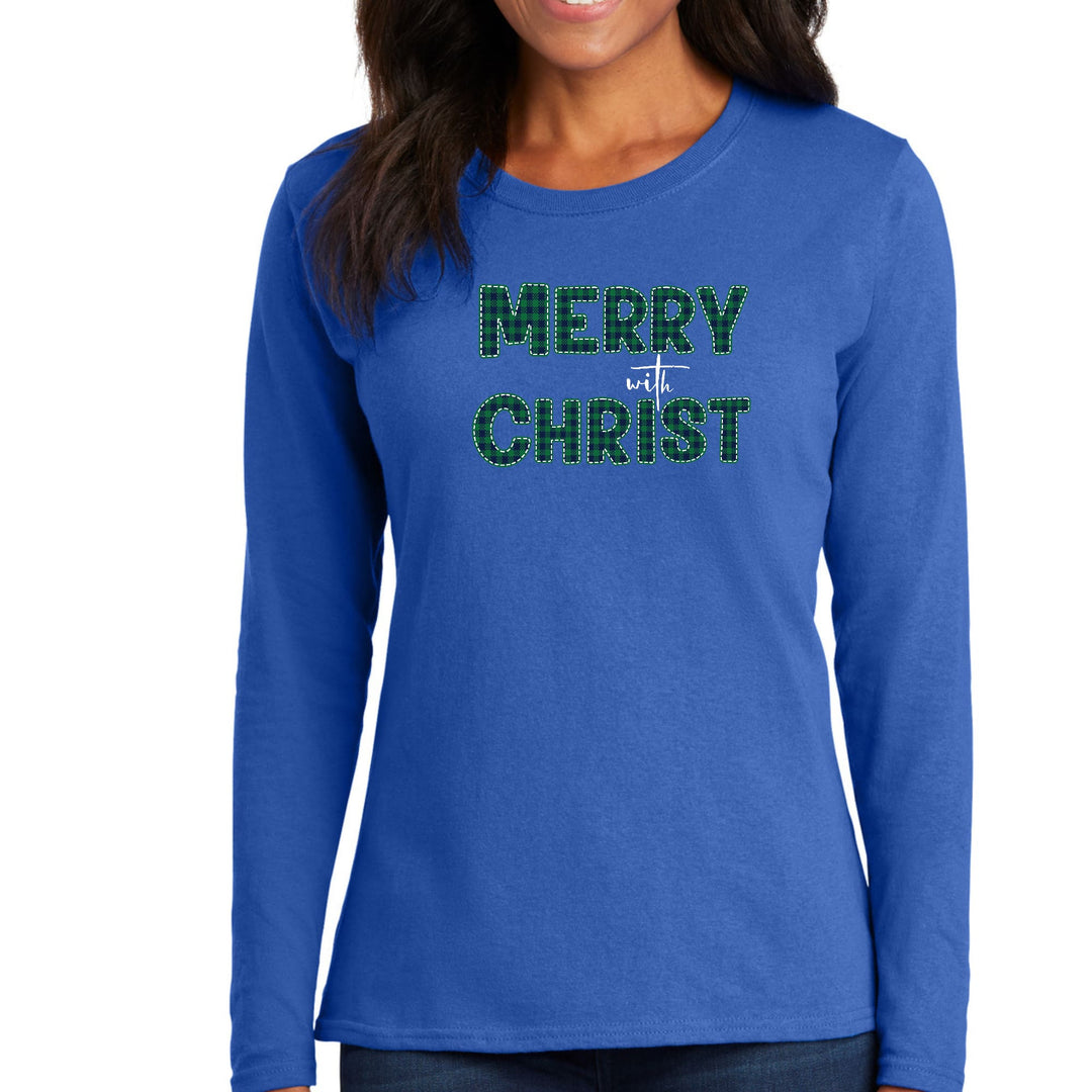 Womens Long Sleeve Graphic T-shirt - Merry with Christ - Green Plaid - Womens