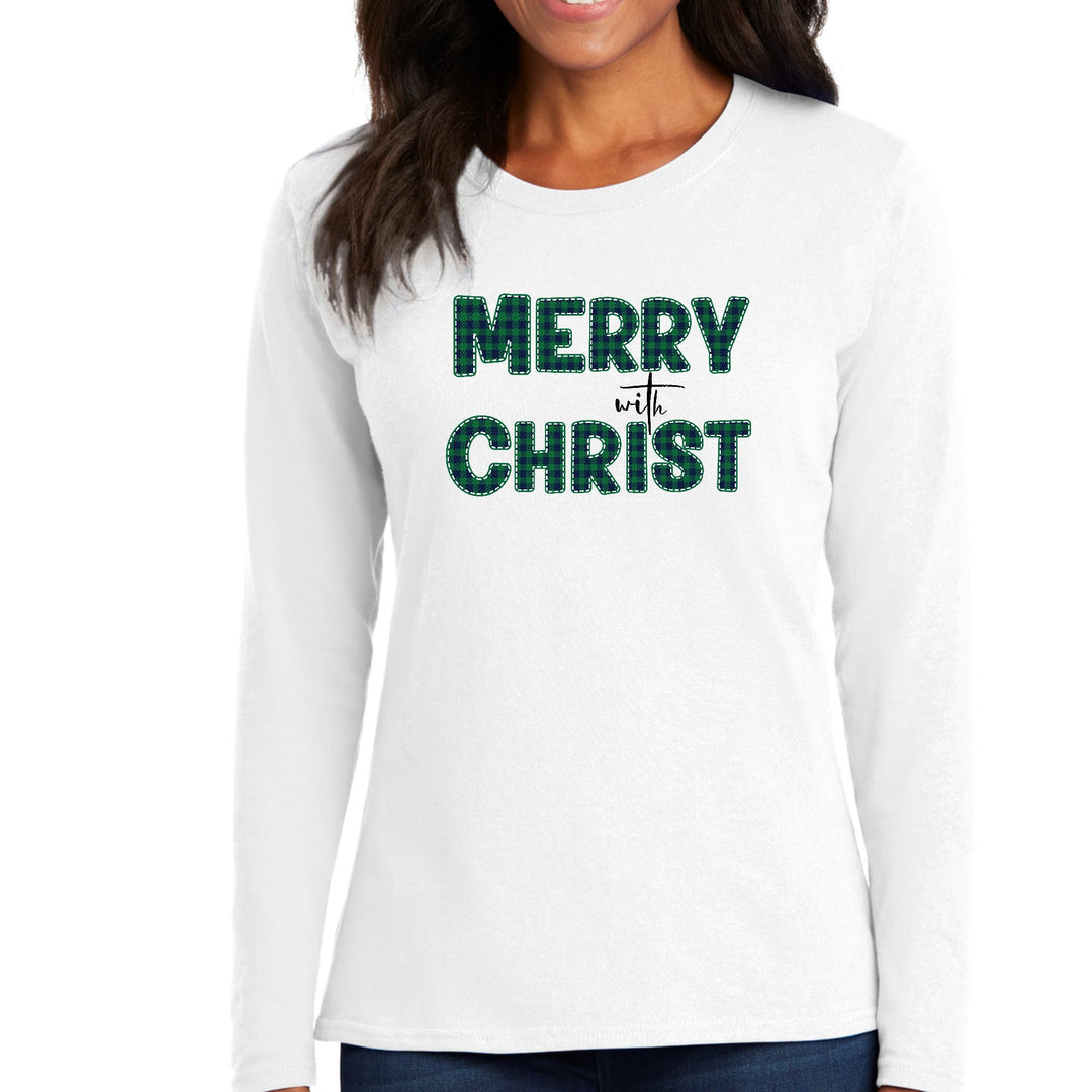 Womens Long Sleeve Graphic T-shirt Merry With Christ Green Plaid - Womens