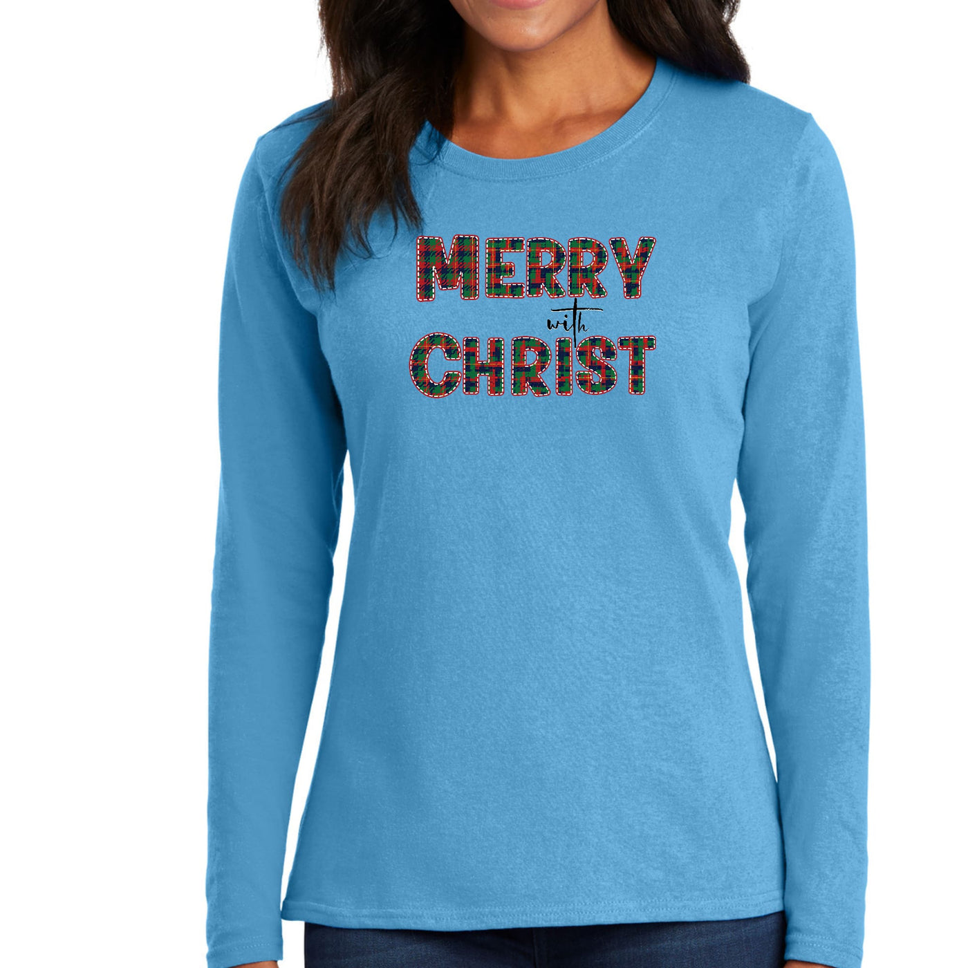 Womens Long Sleeve Graphic T - shirt Merry With Christ Red And Green - T
