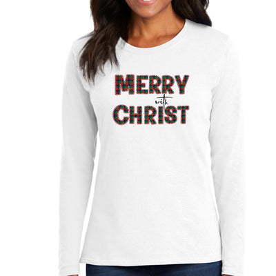 Womens Long Sleeve Graphic T-shirt Merry With Christ Red And Green - Womens