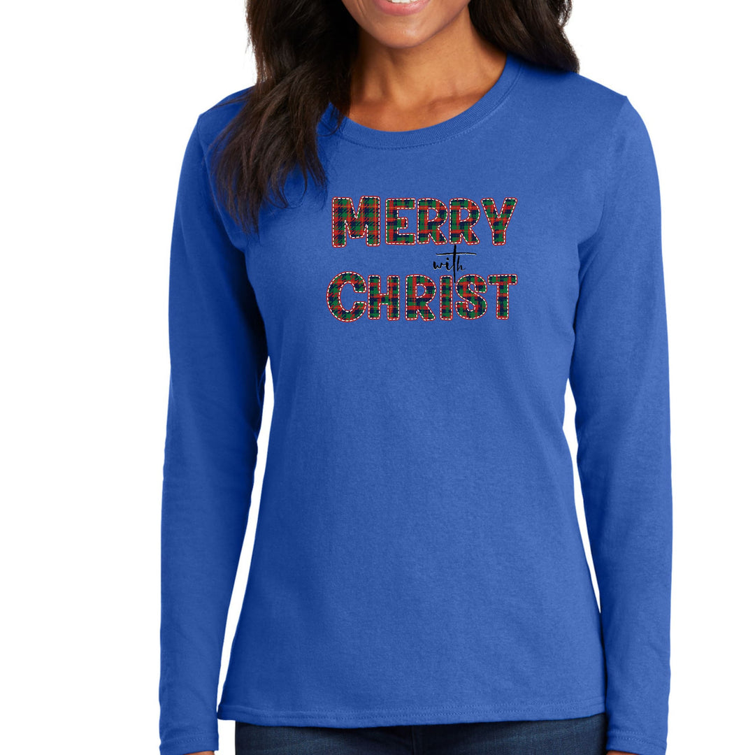 Womens Long Sleeve Graphic T-shirt - Merry with Christ - Red and Green - Womens