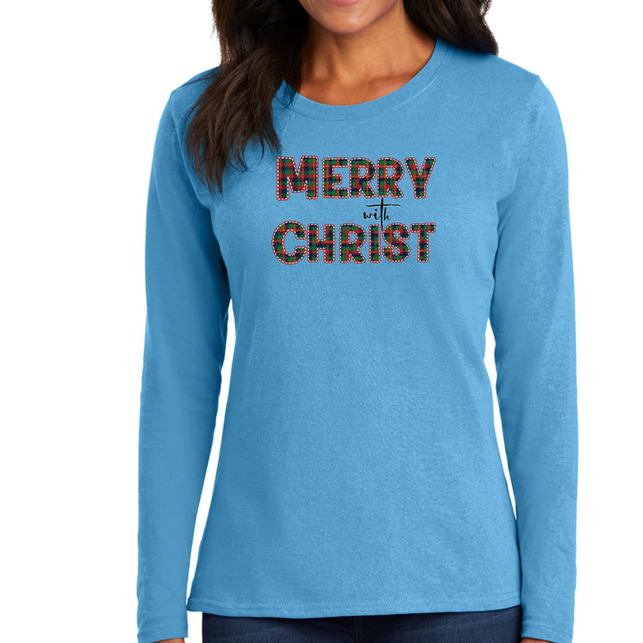 Womens Long Sleeve Graphic T-shirt - Merry with Christ - Red and Green - Womens