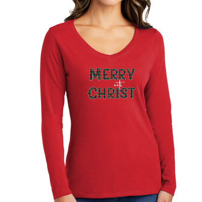 Womens Long Sleeve Graphic T - shirt Merry With Christ Red And Green - T