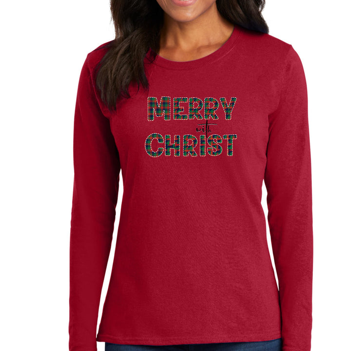 Womens Long Sleeve Graphic T-shirt - Merry with Christ - Red and Green - Womens