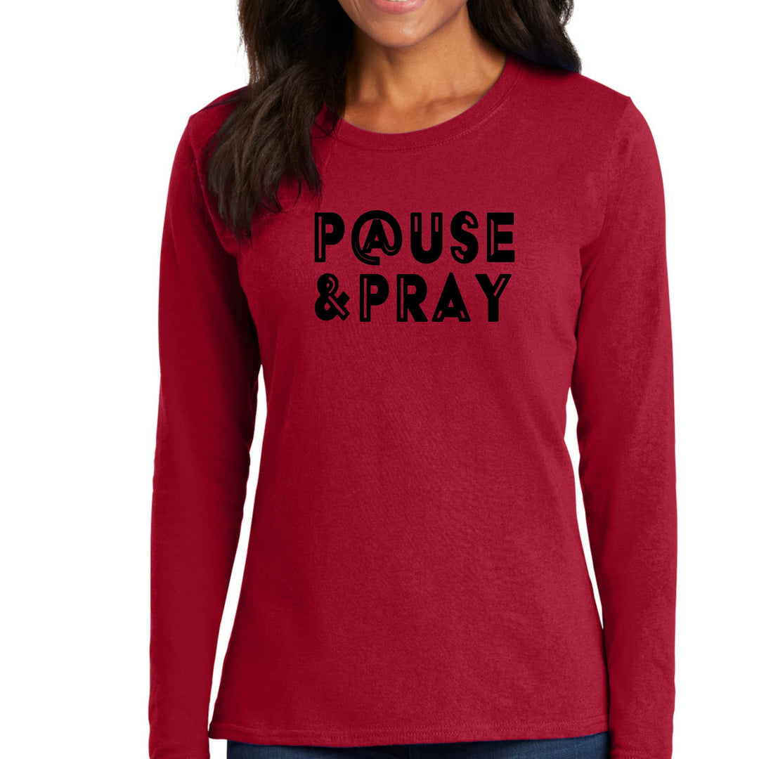 Womens Long Sleeve Graphic T-shirt Pause And Pray Black Illustration - Womens