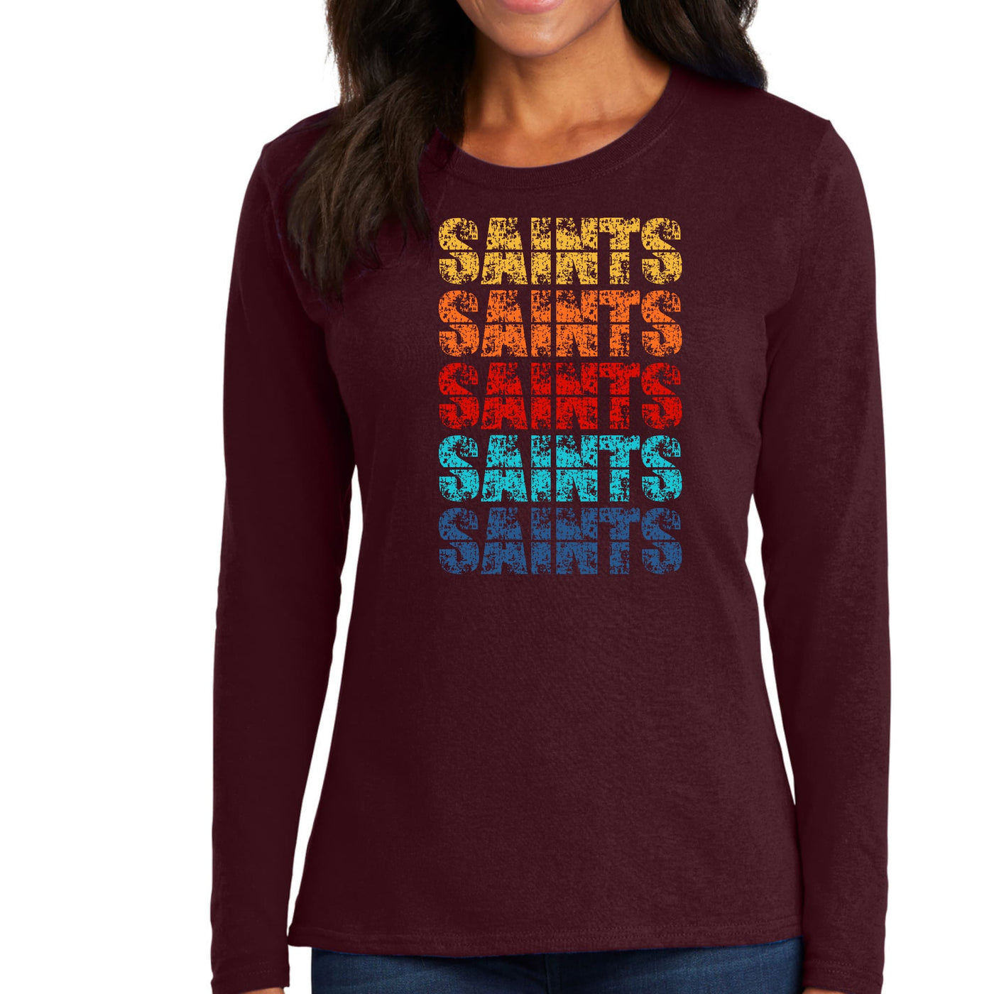 Womens Long Sleeve Graphic T-shirt Saints Colorful Art Illustration - Womens