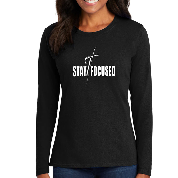 Womens Long Sleeve Graphic T-shirt Stay Focused White Print - Womens | T-Shirts