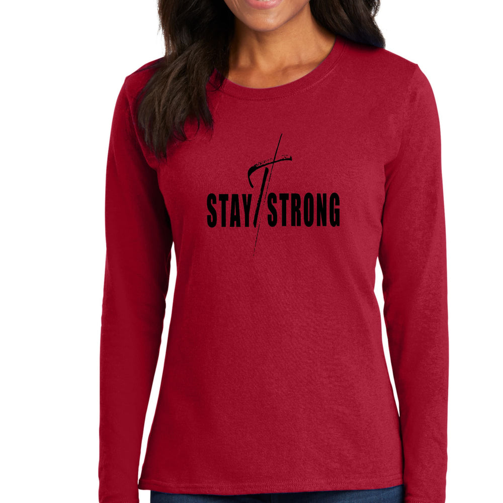 Womens Long Sleeve Graphic T-shirt Stay Strong With Cross Black Print - Womens