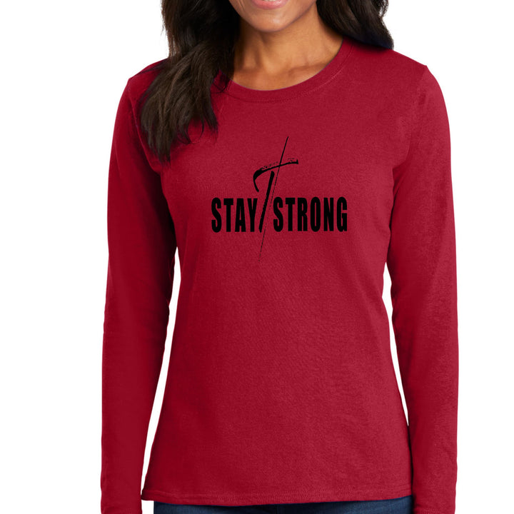Womens Long Sleeve Graphic T-shirt Stay Strong With Cross Black Print - Womens