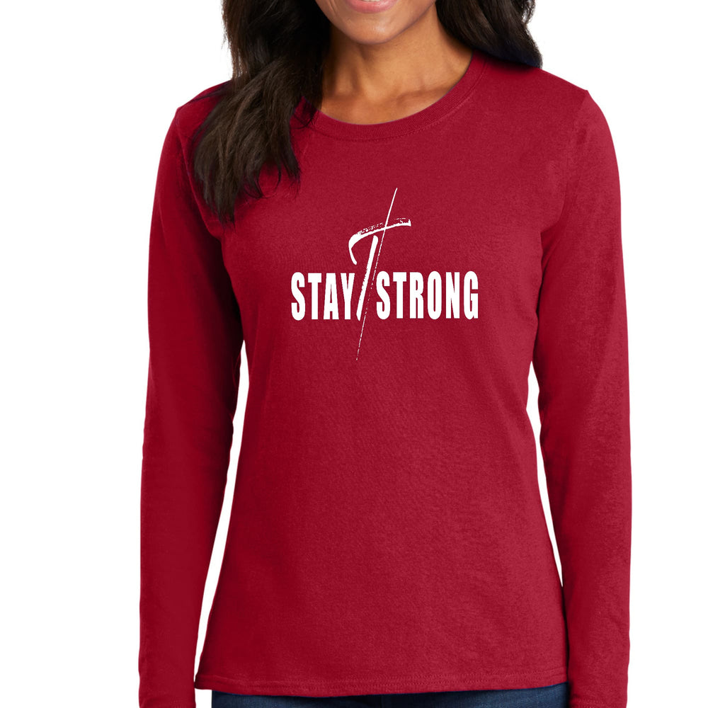 Womens Long Sleeve Graphic T-shirt Stay Strong with Cross White Print - Womens