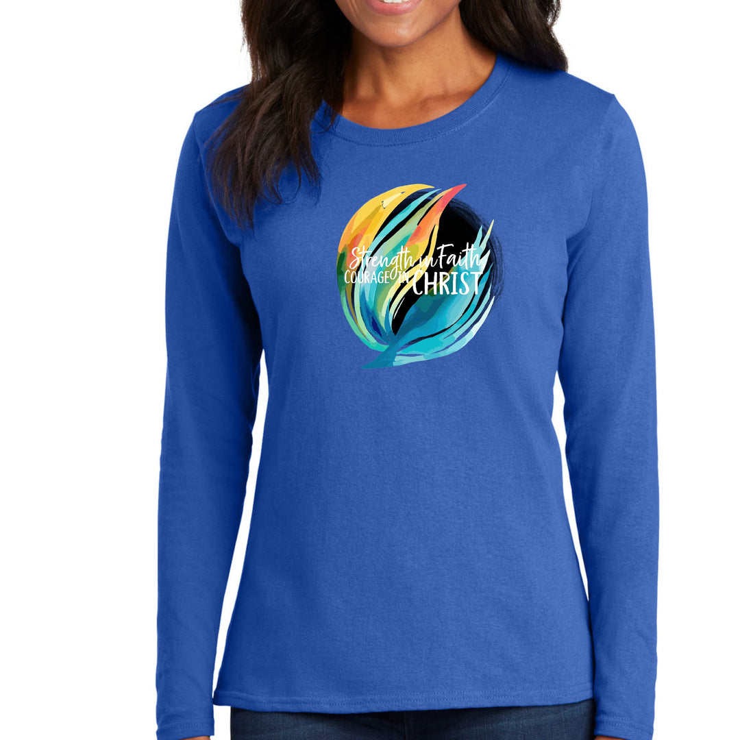 Womens Long Sleeve Graphic T-shirt Strength In Faith Courage - Womens