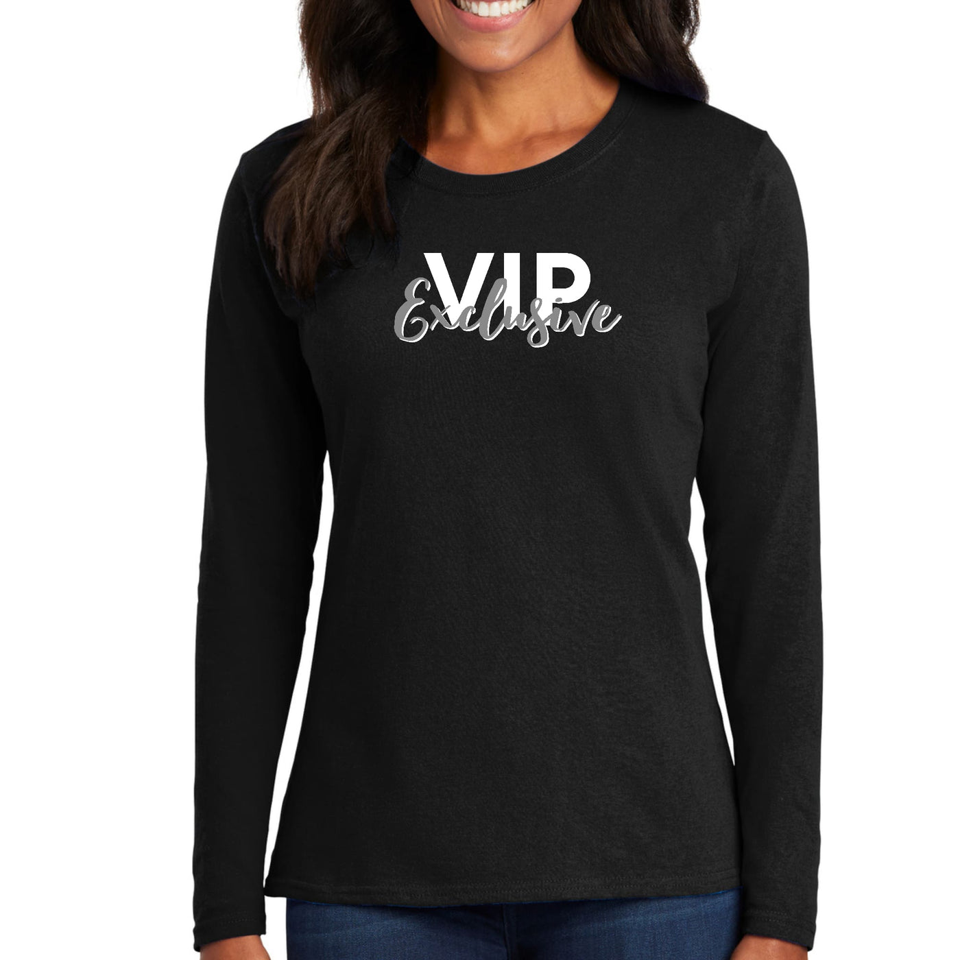 Womens Long Sleeve Graphic T-shirt Vip Exclusive Grey And White - Womens