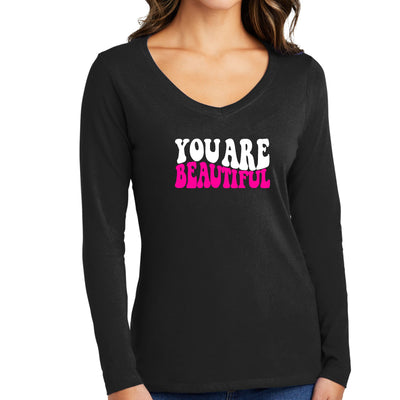 Womens Long Sleeve Graphic T - shirt You Are Beautiful Pink White - Womens | T