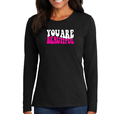 Womens Long Sleeve Graphic T - shirt You Are Beautiful Pink White - T - Shirts