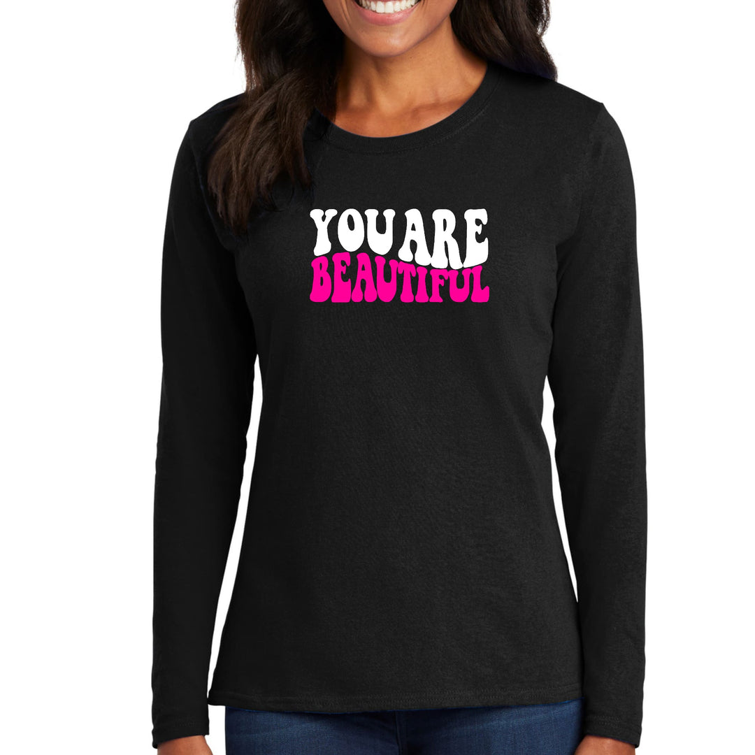 Womens Long Sleeve Graphic T-shirt you are Beautiful Pink White - Womens