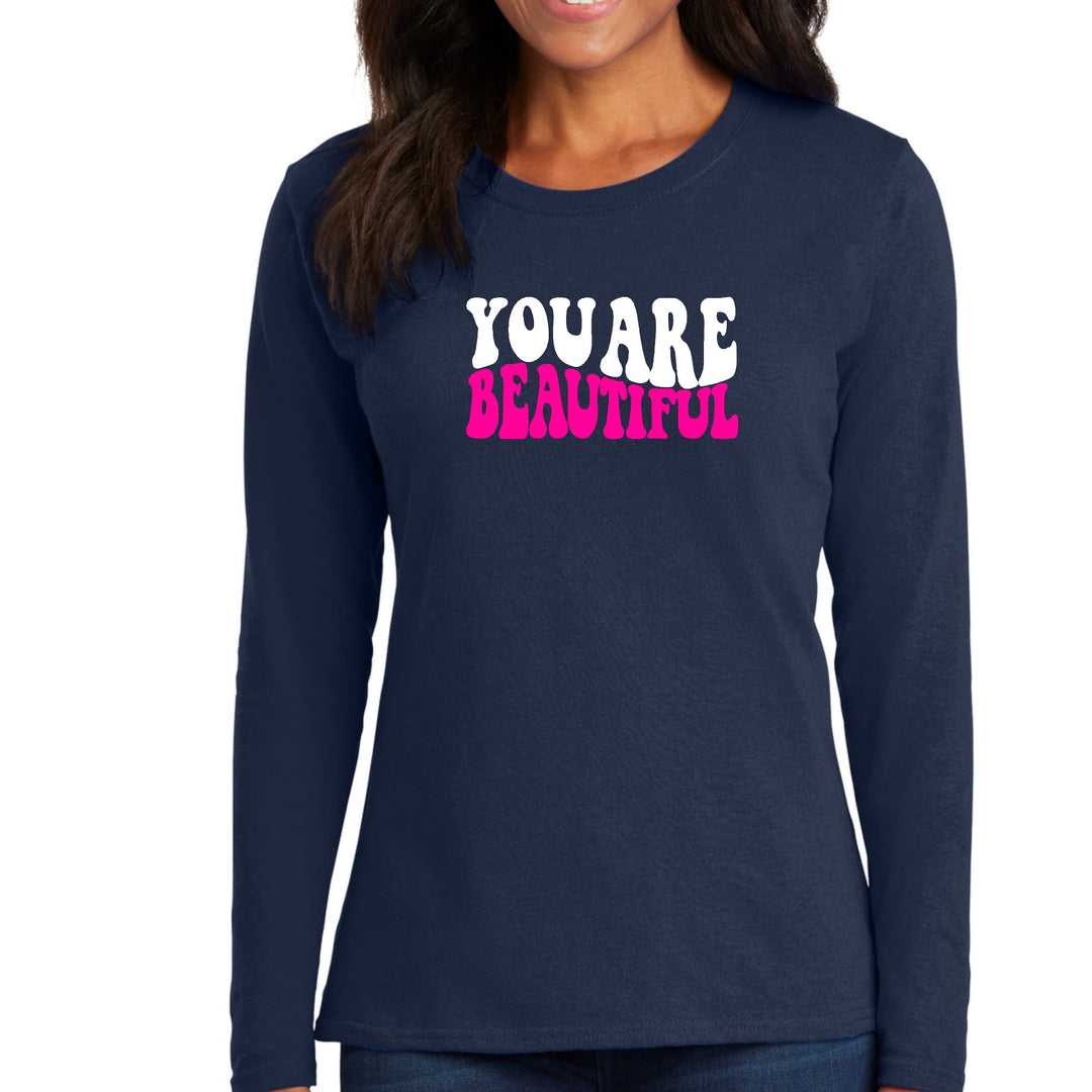 Womens Long Sleeve Graphic T-shirt you are Beautiful Pink White - Womens