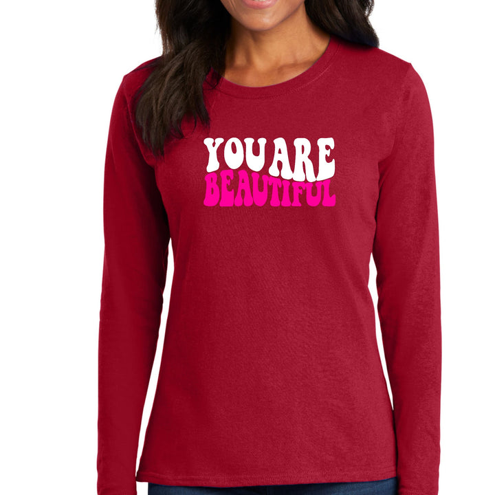 Womens Long Sleeve Graphic T-shirt you are Beautiful Pink White - Womens