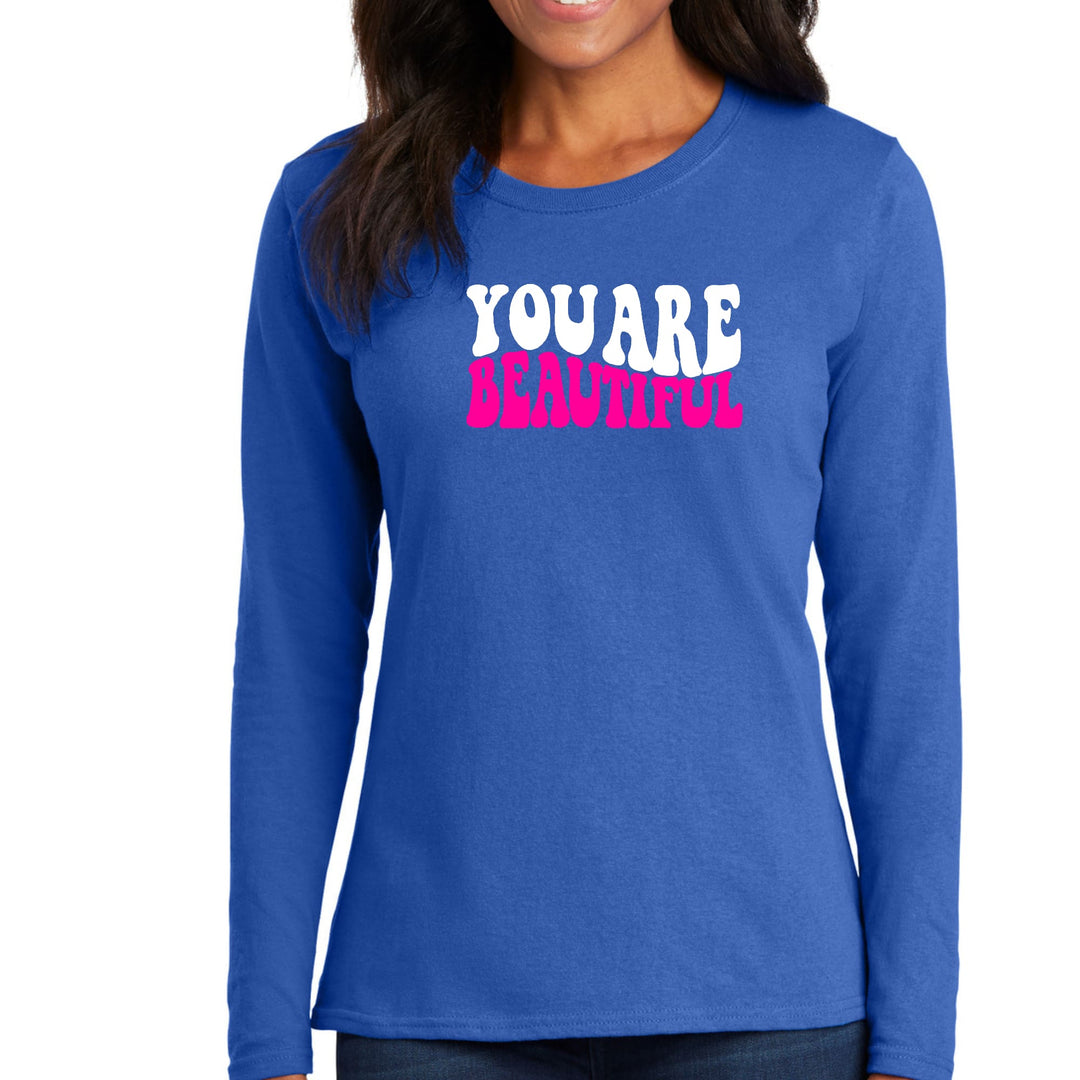 Womens Long Sleeve Graphic T-shirt you are Beautiful Pink White - Womens