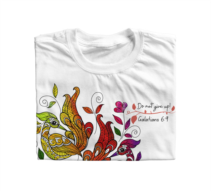 Womens Long Sleeve Graphic Tee Colorful Peacock Print Affirmation - do not Give